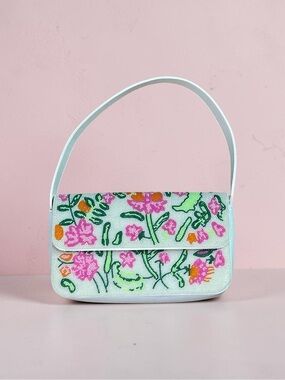 Floral Beaded White Shoulder Bag with Pink and Green Accents